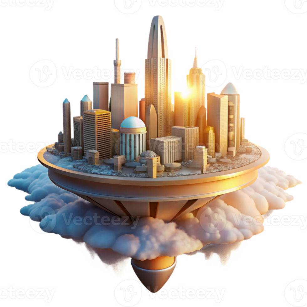 beautiful modern A futuristic city floating among the clouds, golden sunset, utopian, fantasy style original png