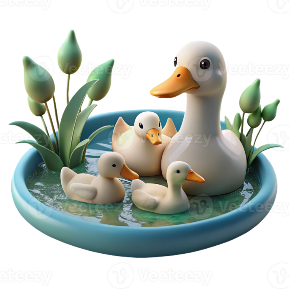 wonderful artistic A family of ducks swimming in a pond, serene setting, realistic style genuine png