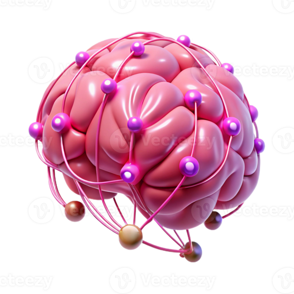 elegant traditional A human brain connected to a network of glowing wires, illuminated by pulsating pink light, in a cyberpunk style authentic png