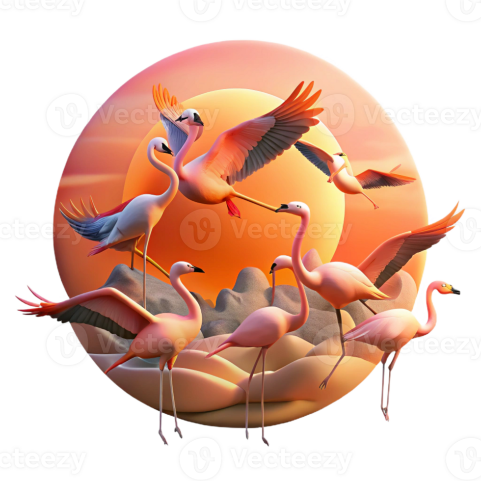 elegant creative A flock of flamingos taking flight against a fiery sunset, vibrant and dramatic, nature photography style high quality png