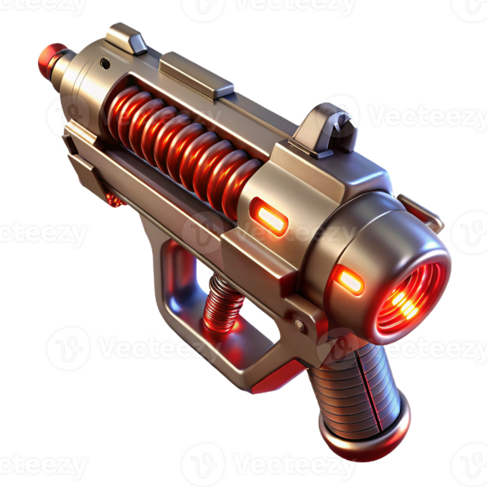 elegant minimalist A futuristic weapon, sleek and metallic with glowing energy coils and intricate engravings, levitating in mid-air, illuminated by a dramatic red light in a sci-fi style exclusive png