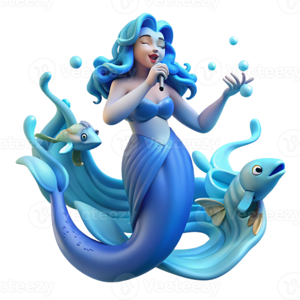 stunning classic A serene siren, with scales of pearlescent blue, singing an enchanting melody, surrounded by swirling schools of bioluminescent fish. Art Nouveau style detailed png