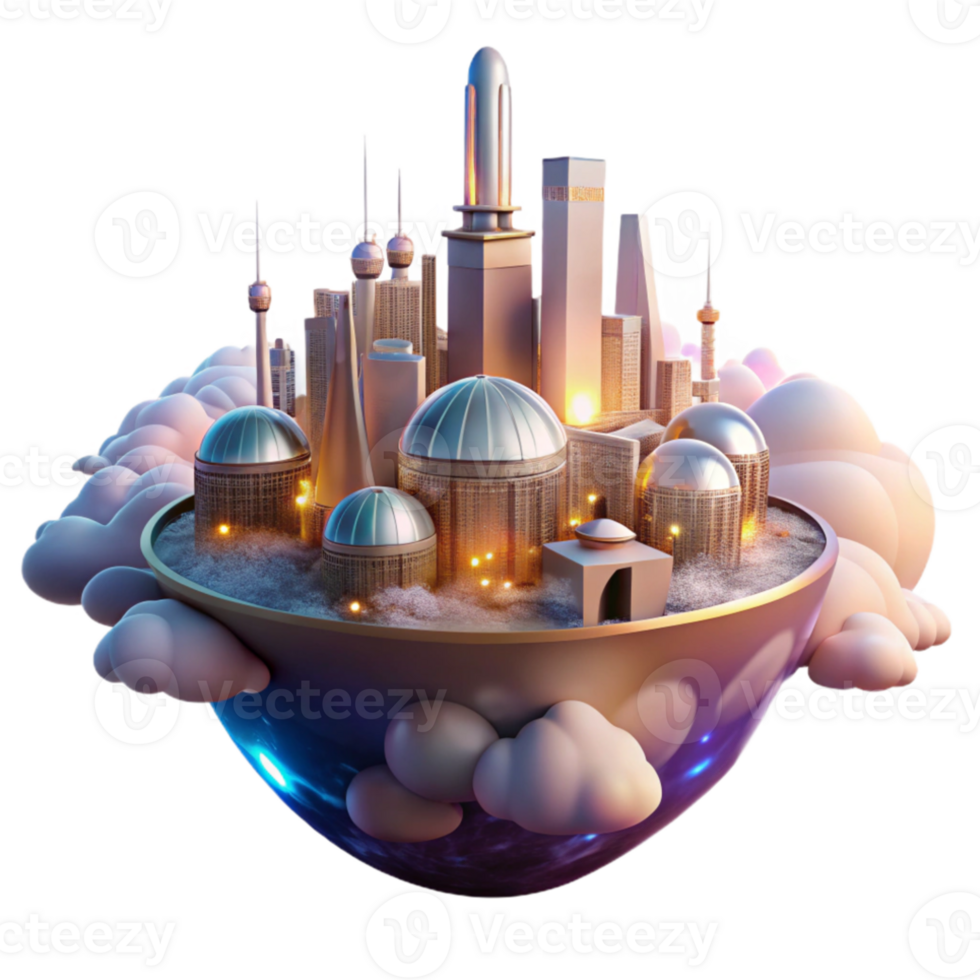 impressive abstract A futuristic city floating in the clouds, powered by glowing orbs of energy, illuminated by the warm light of the sun. Fantasy style premium png