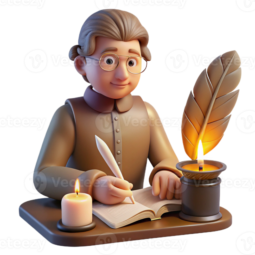 serene abstract Portrait of a thoughtful writer with a quill and parchment, illuminated by the warm glow of a candlelit desk, styled as a vintage portrait high quality png