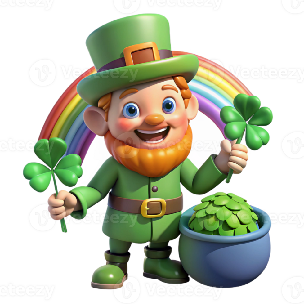 stunning traditional A mischievous leprechaun, with a pot of gold at his feet, hiding amongst a patch of four-leaf clovers, lit by a rainbow. Cartoon style professional png