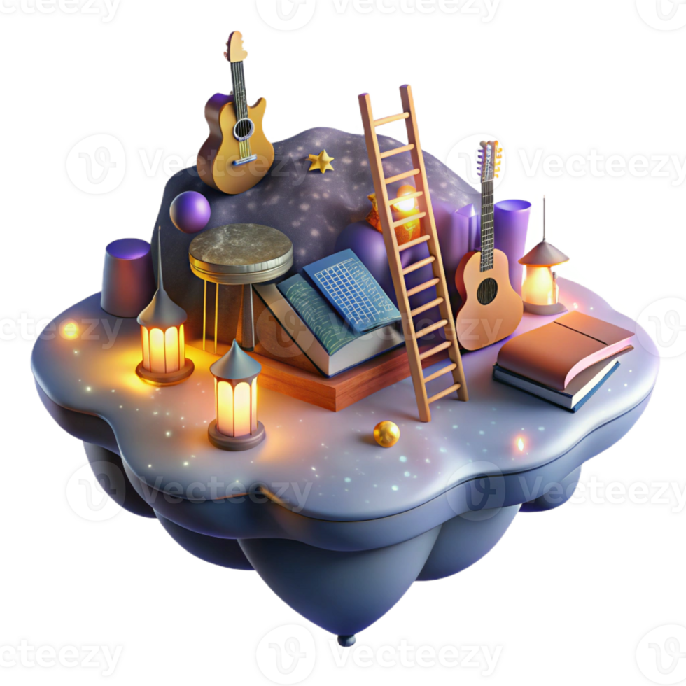 serene contemporary A floating island composed of books and musical instruments, connected by ladders of light, under a nebula sky. Digital painting style original png