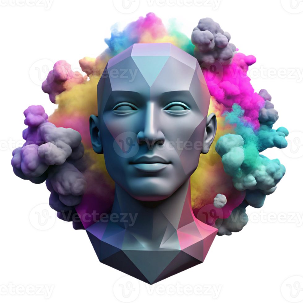 serene traditional A portrait of a human face dissolving into colorful smoke and geometric patterns, in a cubist style, high quality png