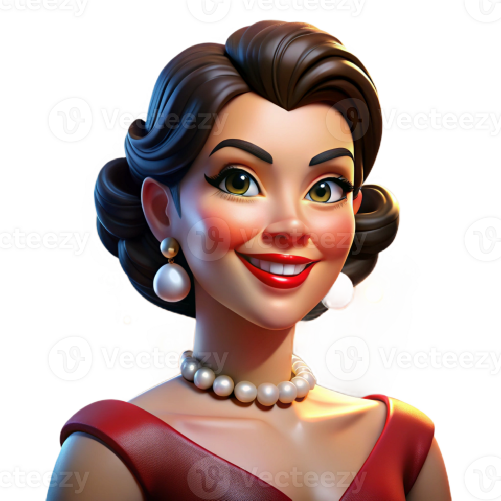 extraordinary vintage Portrait of a glamorous movie star with diamond earrings and a red lipstick smile, illuminated by Hollywood-style lighting, in a vintage glamour style premium png