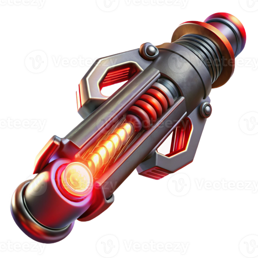 wonderful abstract A futuristic weapon, sleek and metallic with glowing energy coils and intricate engravings, levitating in mid-air, illuminated by a dramatic red light in a sci-fi style genuine png