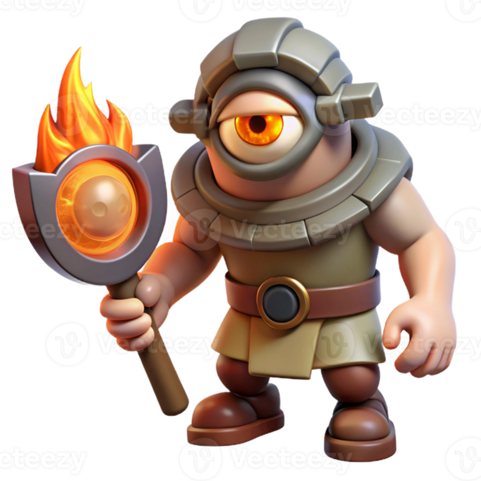 serene vintage A stoic cyclops, with a single large eye, forging a weapon in a fiery forge, dramatic lighting, fantasy art style professional png