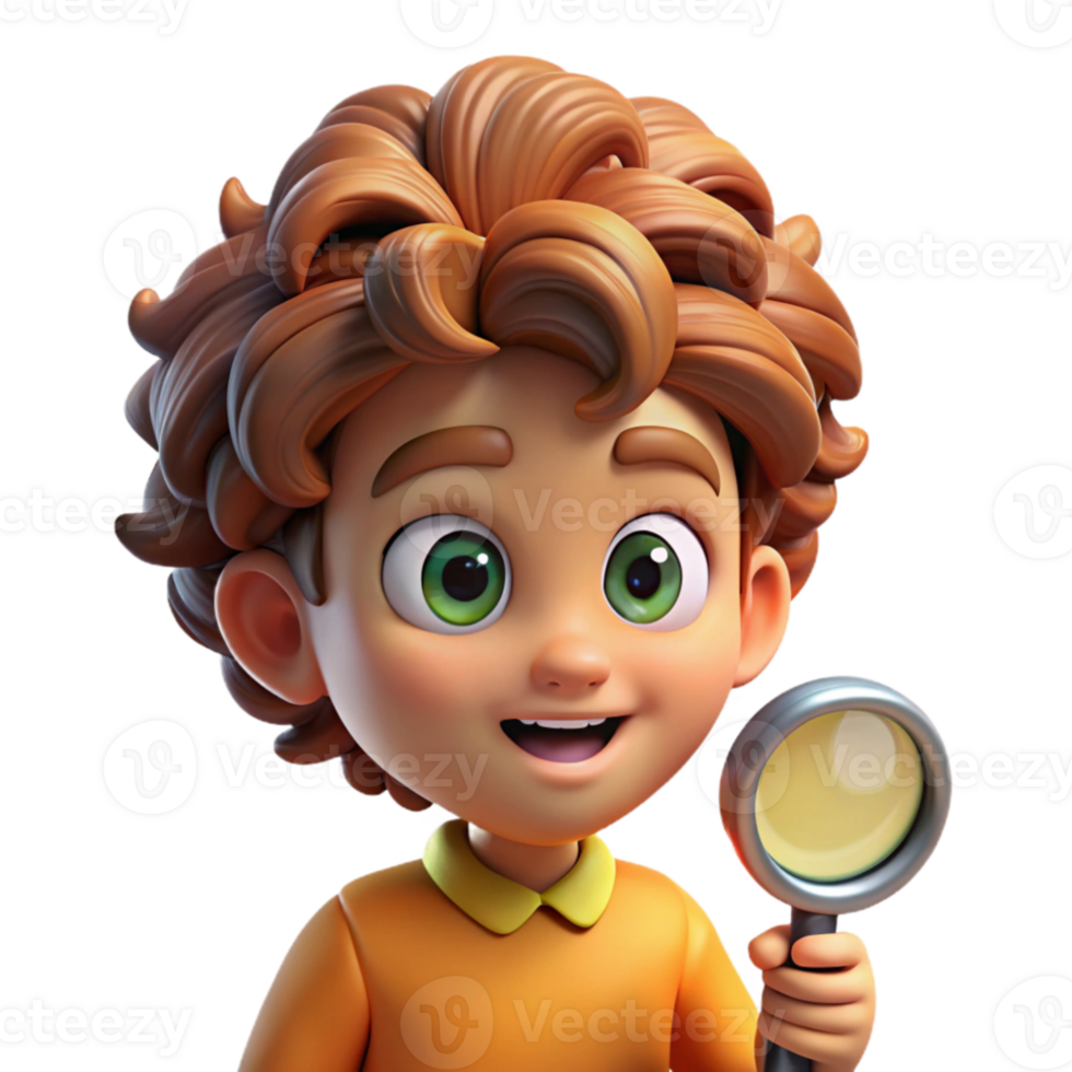 elegant rustic Portrait of a curious child with wide eyes and messy hair, holding a magnifying glass, lit by warm sunlight, in a whimsical style detailed png