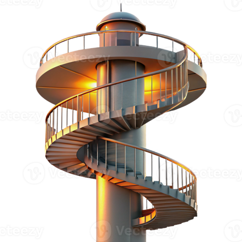beautiful rustic Observation tower, spiral staircase, panoramic city views, sunset lighting detailed png