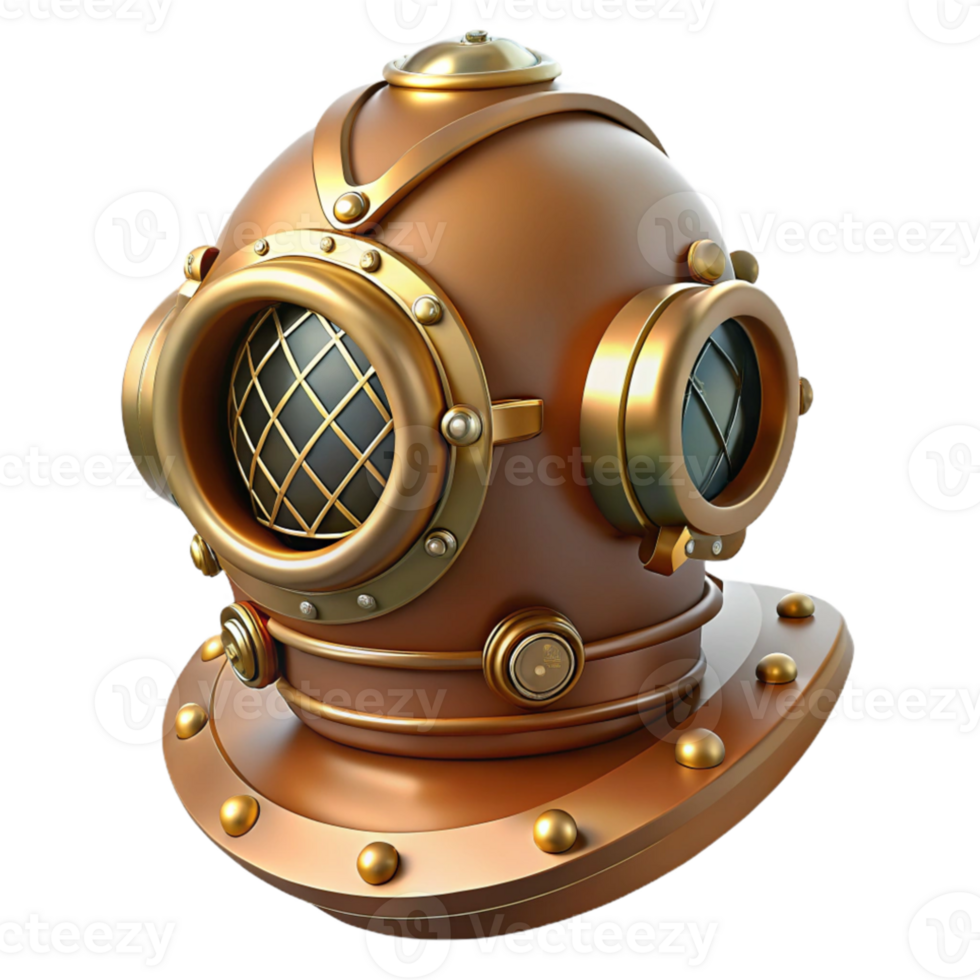 serene modern A steampunk diving helmet with intricate lenses and breathing apparatus. Soft, underwater lighting. Vintage photography style premium png