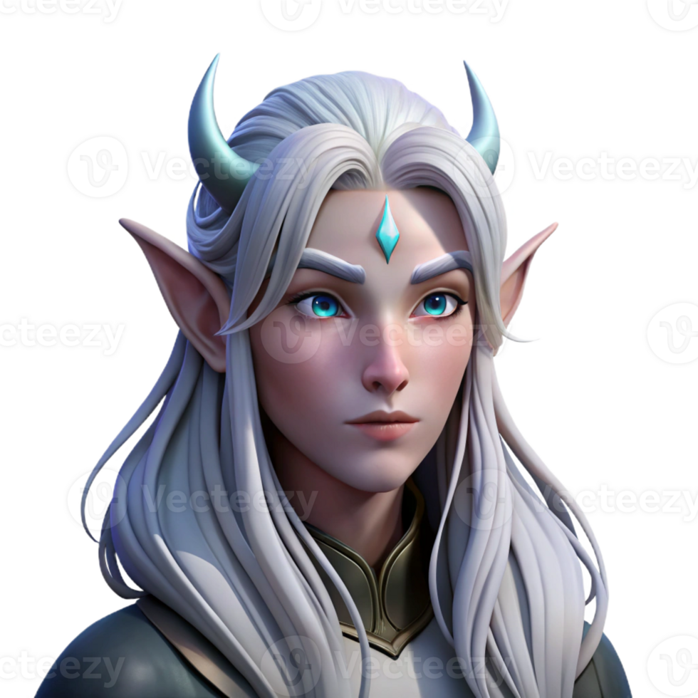 extraordinary artistic Portrait of a majestic elf with long flowing silver hair, ethereal features, and a serene expression, lit by moonlight, in a fantasy art style premium png