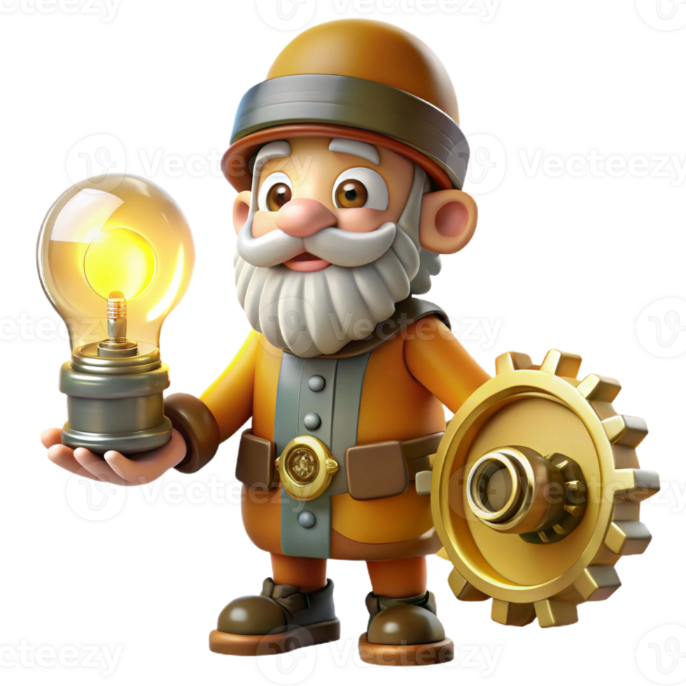 magnificent minimalist A curious gnome tinkering with clockwork gears and springs, illuminated by the warm light of a workshop lamp. Steampunk style professional png