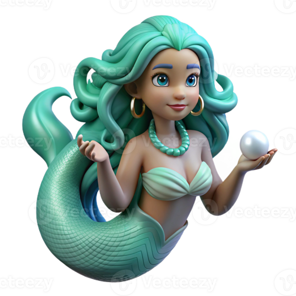 elegant modern A serene mermaid with flowing turquoise hair, holding a pearl, in a coral reef illuminated by sunlight filtering through the water. Fantasy art style authentic png