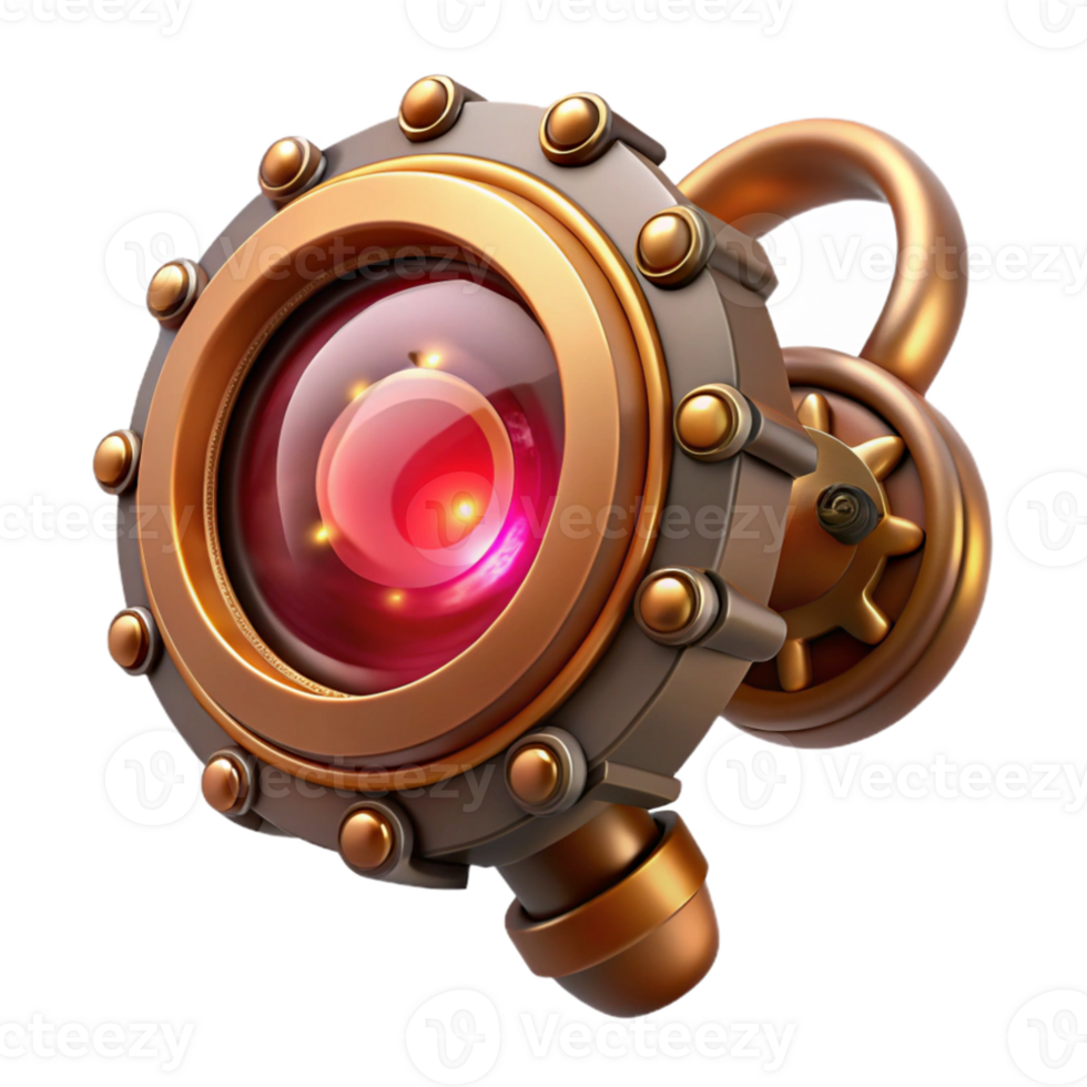 magnificent creative A detailed design of a steampunk monocle with a small gear mechanism and a ruby lens, soft, ambient lighting authentic png