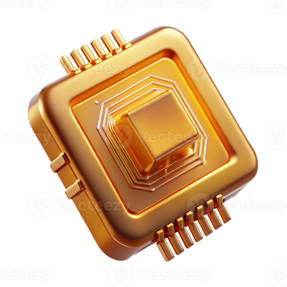 dramatic creative A single, levitating microchip with intricate golden circuitry etched onto its surface, reflecting a warm, amber light. Macro photography style genuine png