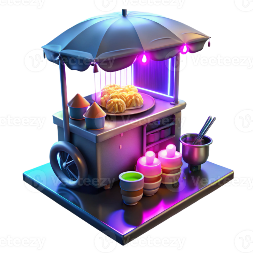 stunning creative Cyberpunk street vendor selling glowing noodles, neon signs reflecting in puddles, rainy night, gritty realism style detailed png
