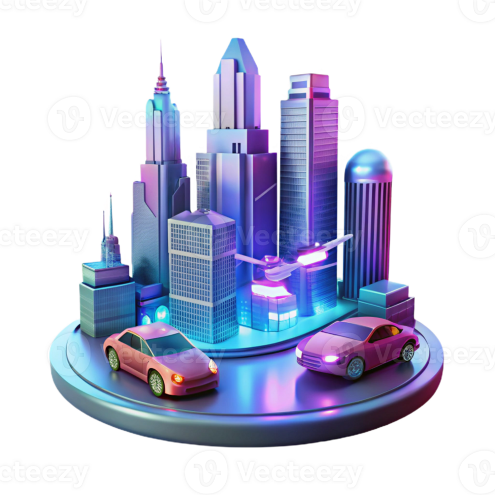 wonderful rustic A futuristic city skyline with flying cars and holographic advertisements, vibrant neon lighting, cyberpunk style high quality png