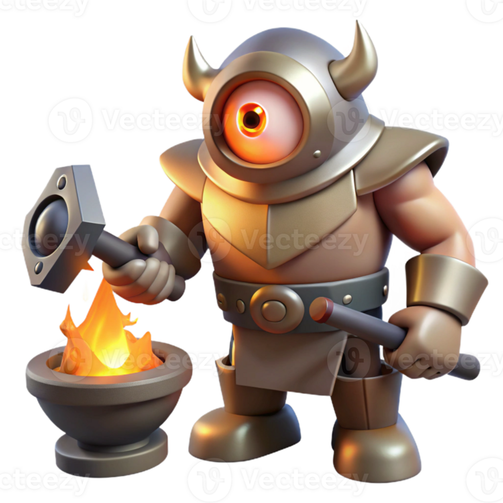 impressive vintage A stoic cyclops, with a single large eye, forging a weapon in a fiery forge, dramatic lighting, fantasy art style high quality png