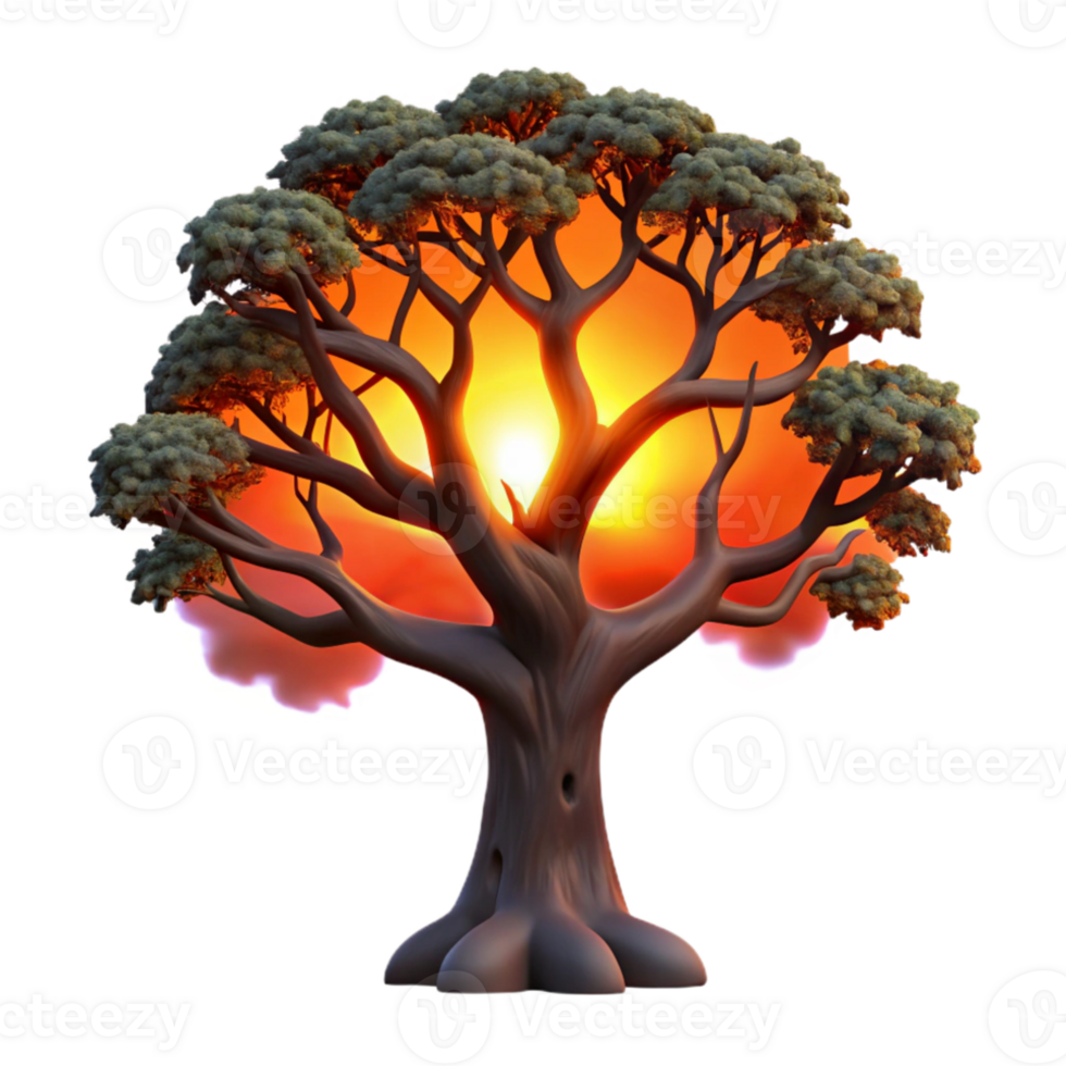 beautiful minimalist A gnarled oak tree silhouetted against a fiery sunset, dramatic and evocative, painterly style high quality png