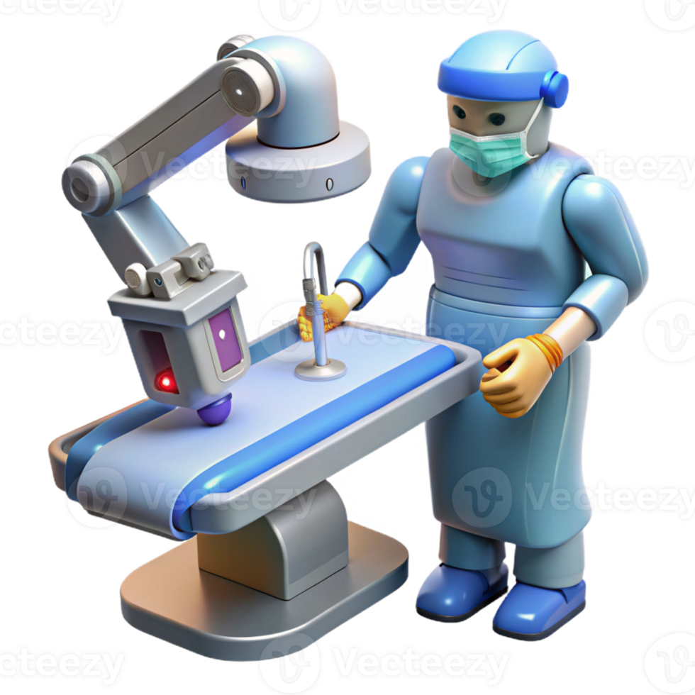 dramatic contemporary A robotic surgeon performing a delicate operation with laser scalpels, precise movements illuminated by surgical lighting professional png