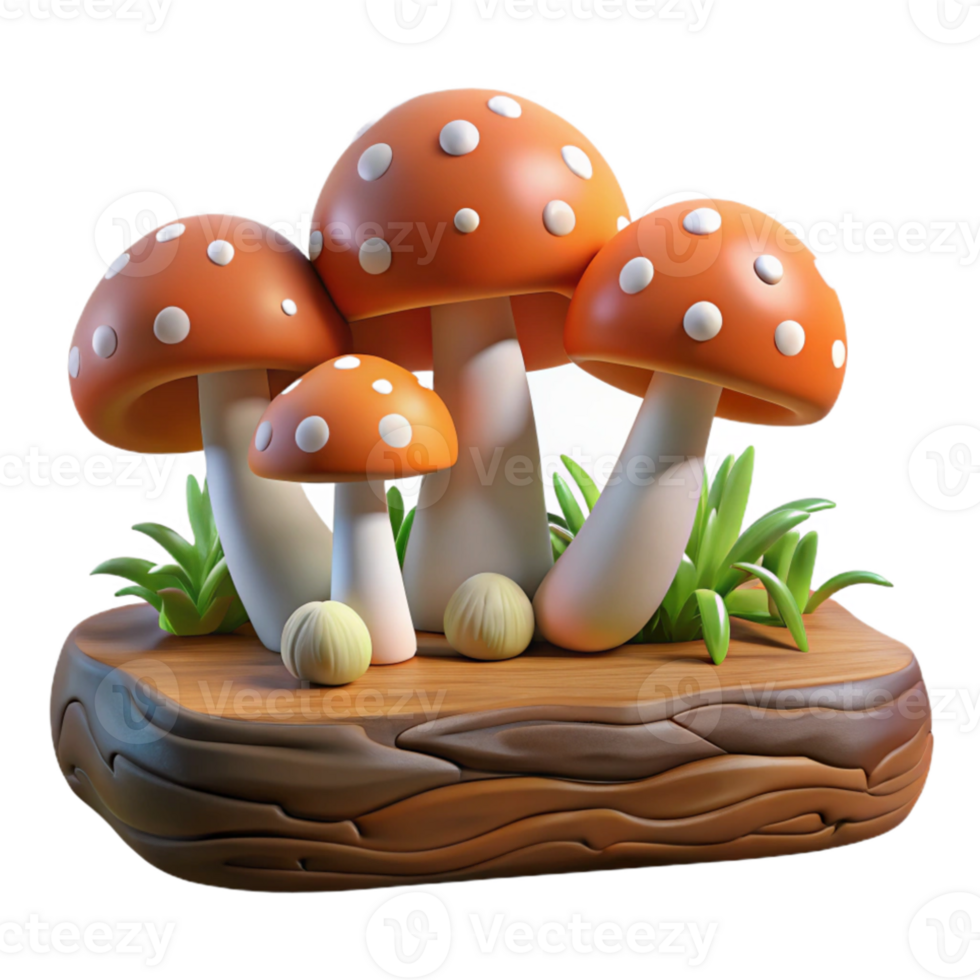 impressive contemporary A group of mushrooms growing on a log, forest floor setting, soft lighting, realistic style exclusive png