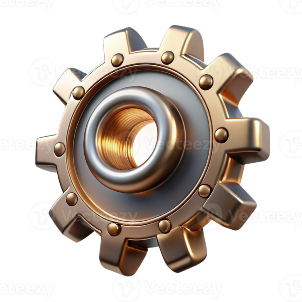 dramatic artistic A single steampunk gear, intricately designed with cogs and rivets, metallic and reflective lighting premium png