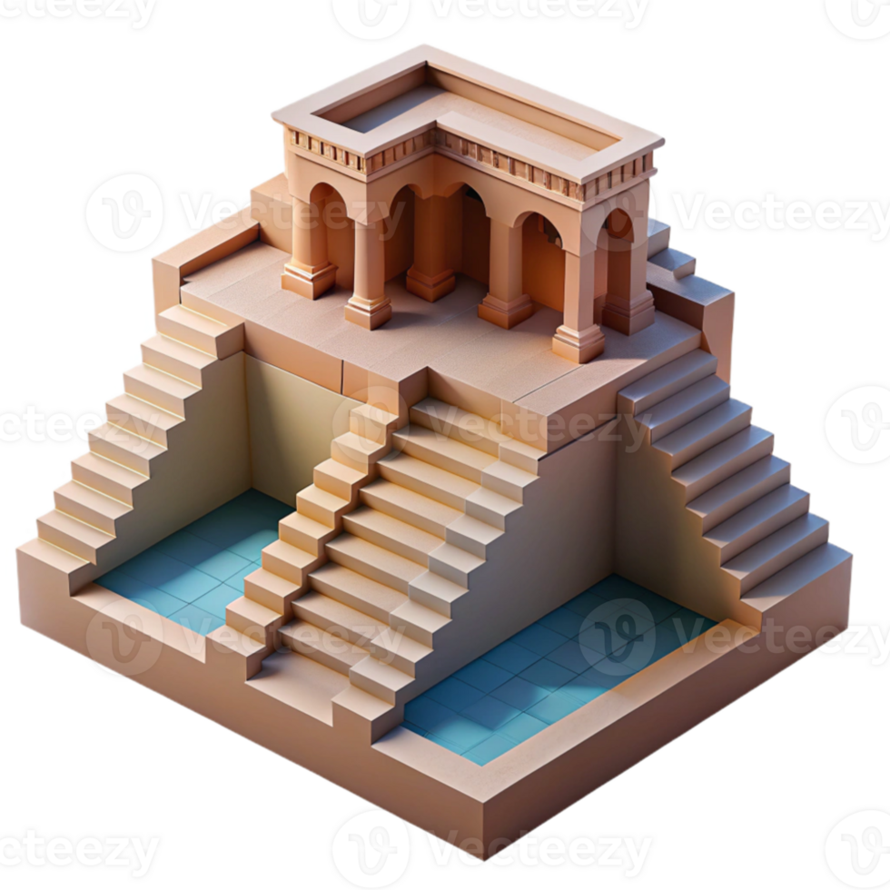 impressive abstract Indian stepwell, symmetrical geometric design, cool shadows, midday lighting, historical style high resolution png