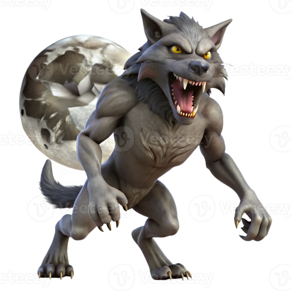 serene modern A fierce werewolf, with fur of silver and black, howling at the full moon, in a dark forest lit by moonlight. Horror style exclusive png
