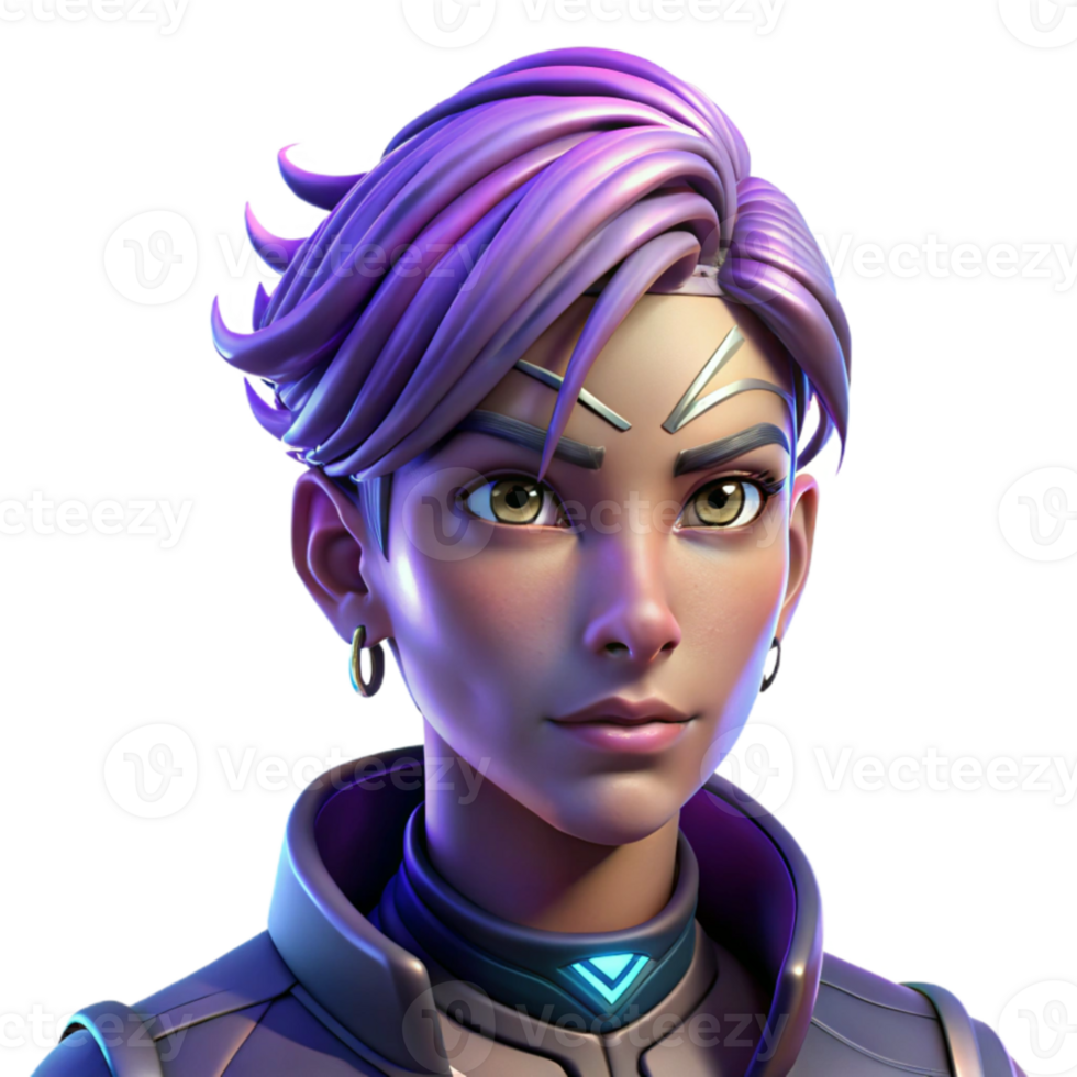 vibrant artistic Portrait of a non-binary person with short, purple hair and intricate metallic facial jewelry, lit by a cool, ethereal glow, in a cyberpunk style original png