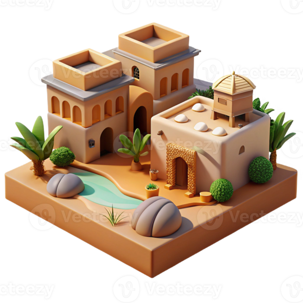 elegant contemporary Desert oasis town, adobe buildings, shaded courtyards, harsh sunlight, arid style high resolution png