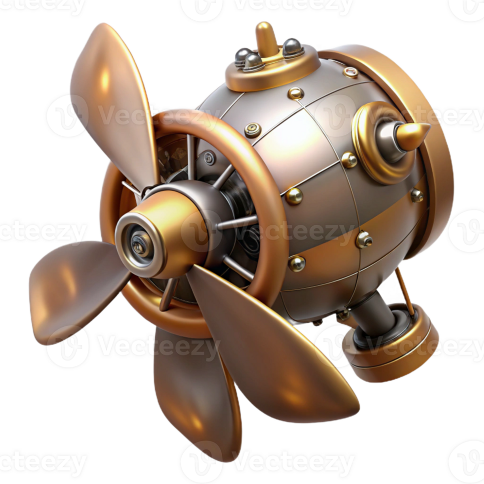 beautiful artistic A complex steampunk airship propeller, with spinning blades and intricate gears, dynamic, motion-blurred lighting authentic png