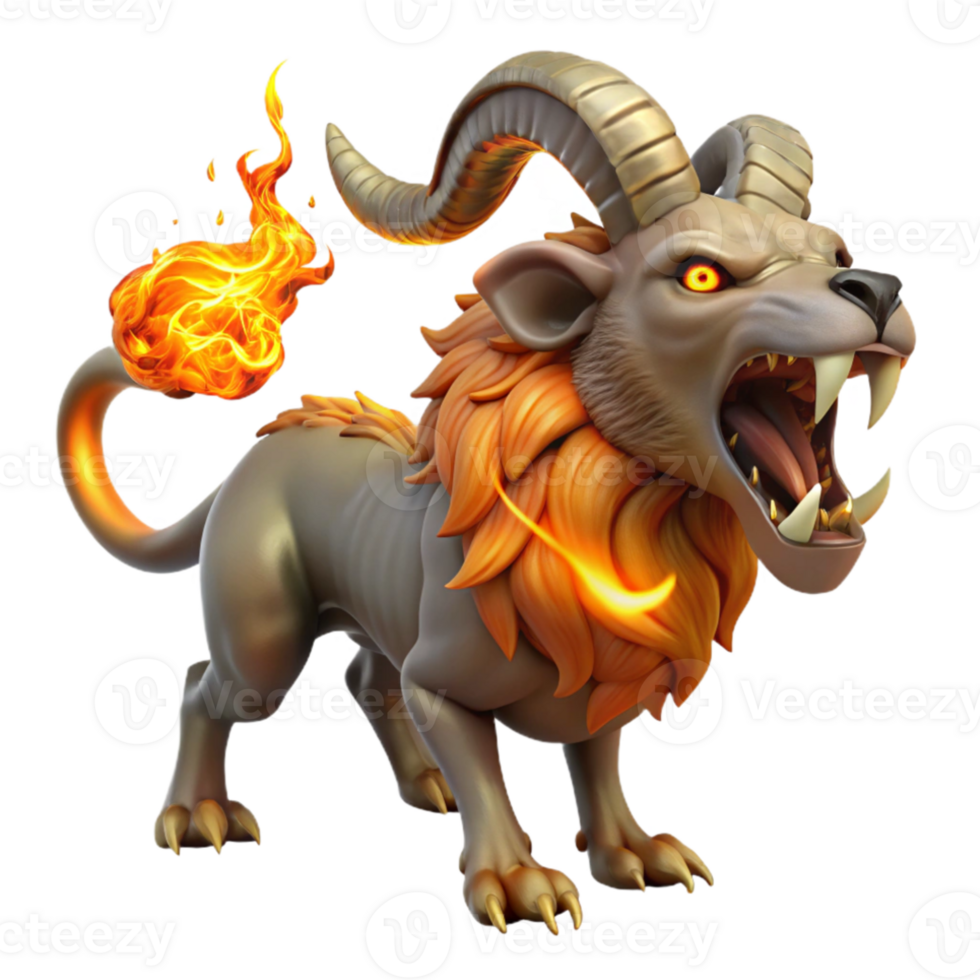 magnificent modern A fierce chimera breathing fire, with a lion's head, a goat's body, and a serpent's tail, illuminated by the flames it exhales. Gothic style professional png