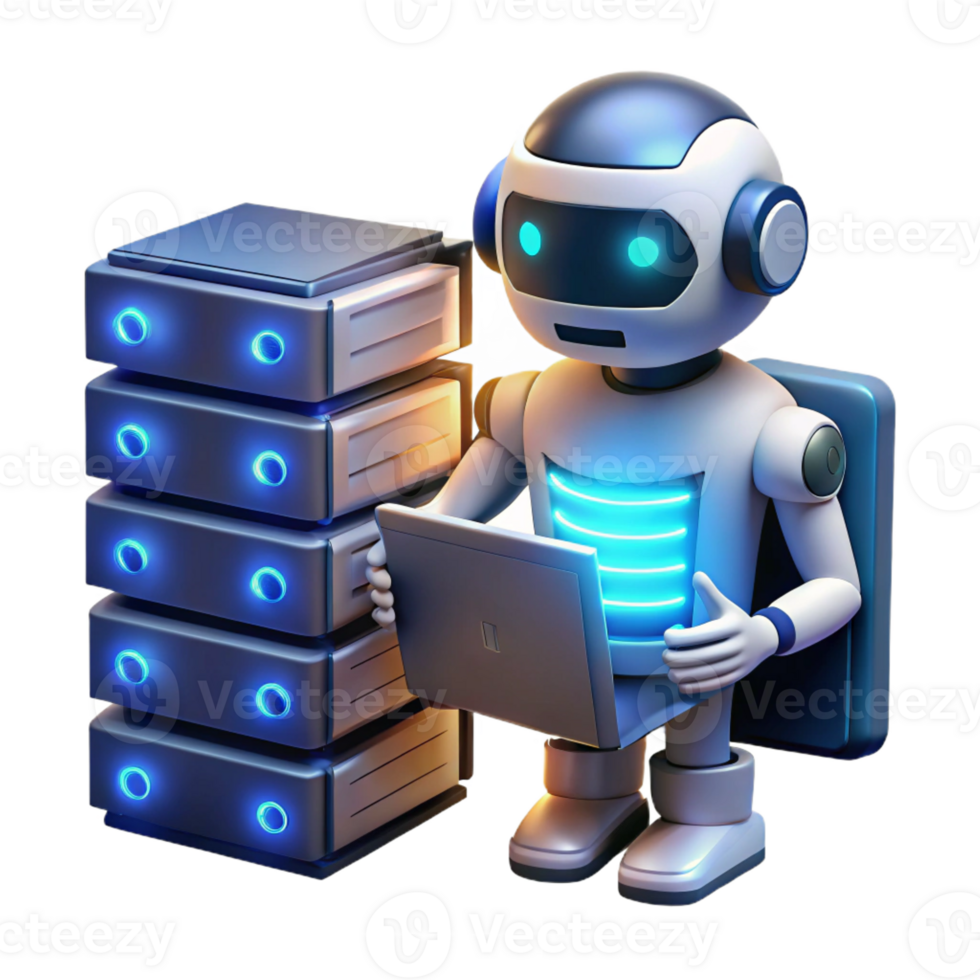 dramatic contemporary A robotic librarian with glowing optical sensors and internal data storage, organizing digital books, lit by the cool light of a server room. Data visualization style original png