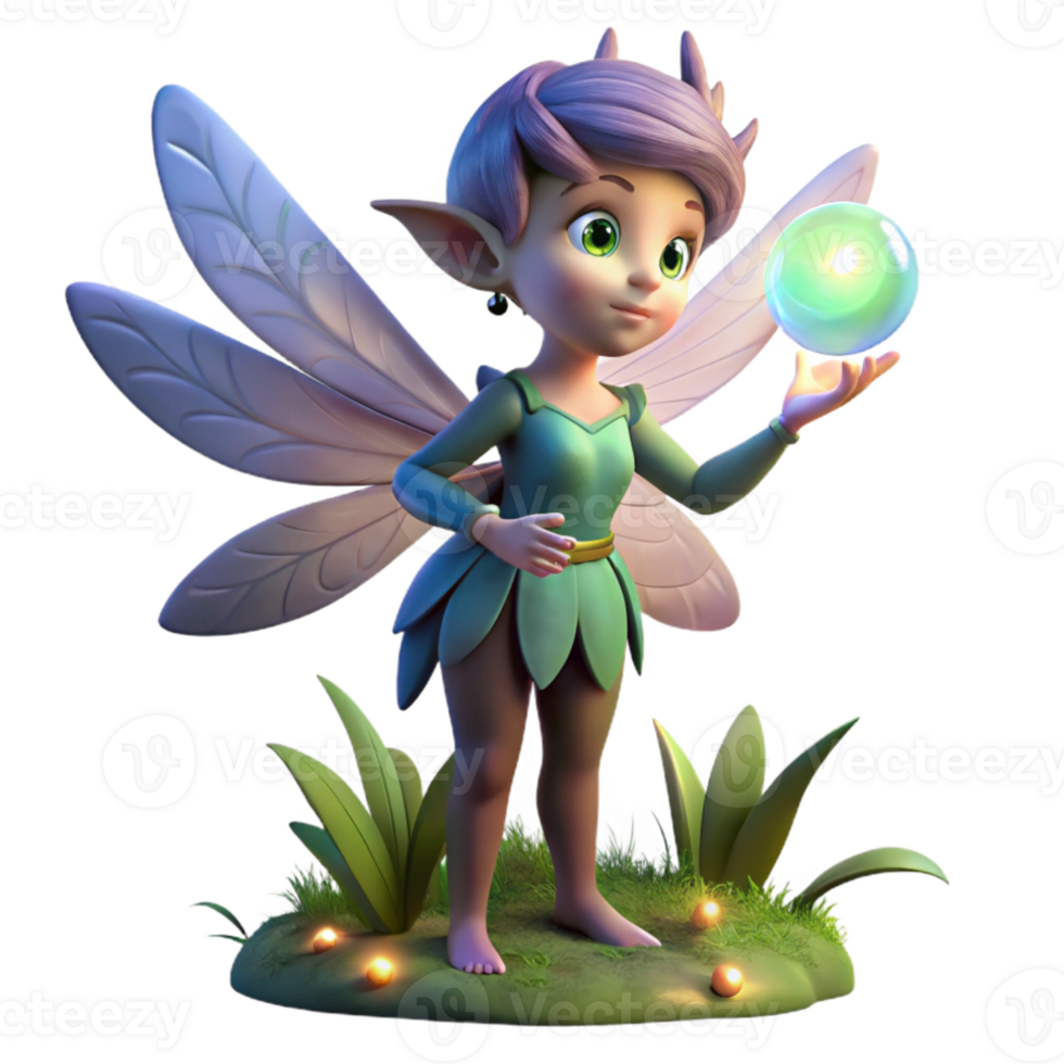 impressive creative A whimsical pixie with iridescent wings, holding a glowing orb, surrounded by fireflies in a twilight forest, digital art premium png