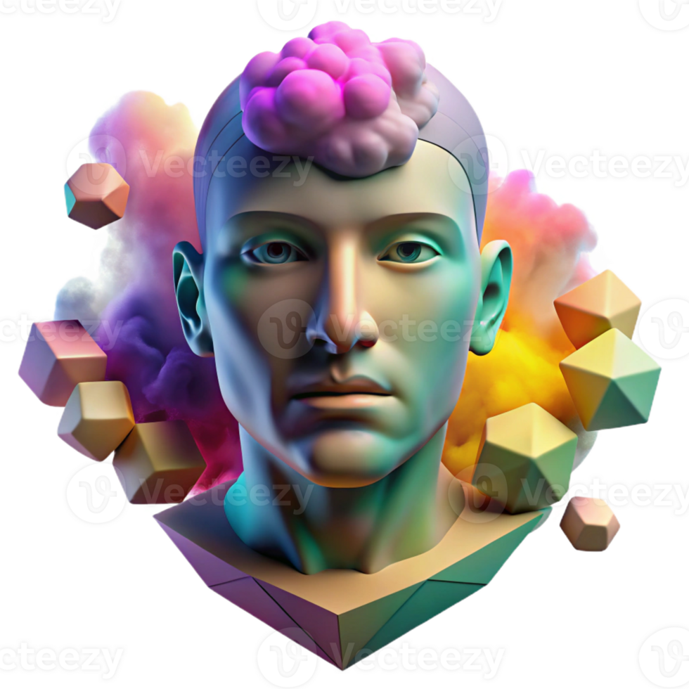 magnificent classic A portrait of a human face dissolving into colorful smoke and geometric patterns, in a cubist style, detailed png