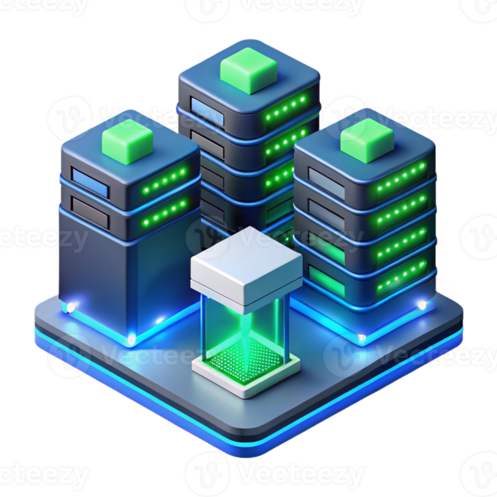 extraordinary rustic A futuristic data center, servers glowing with blue and green LEDs, complex network cables connecting everything, isometric perspective, technical illustration style original png