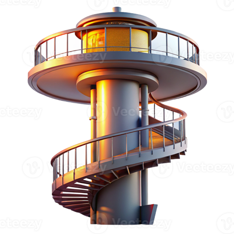 stunning minimalist Observation tower, spiral staircase, panoramic city views, sunset lighting high quality png
