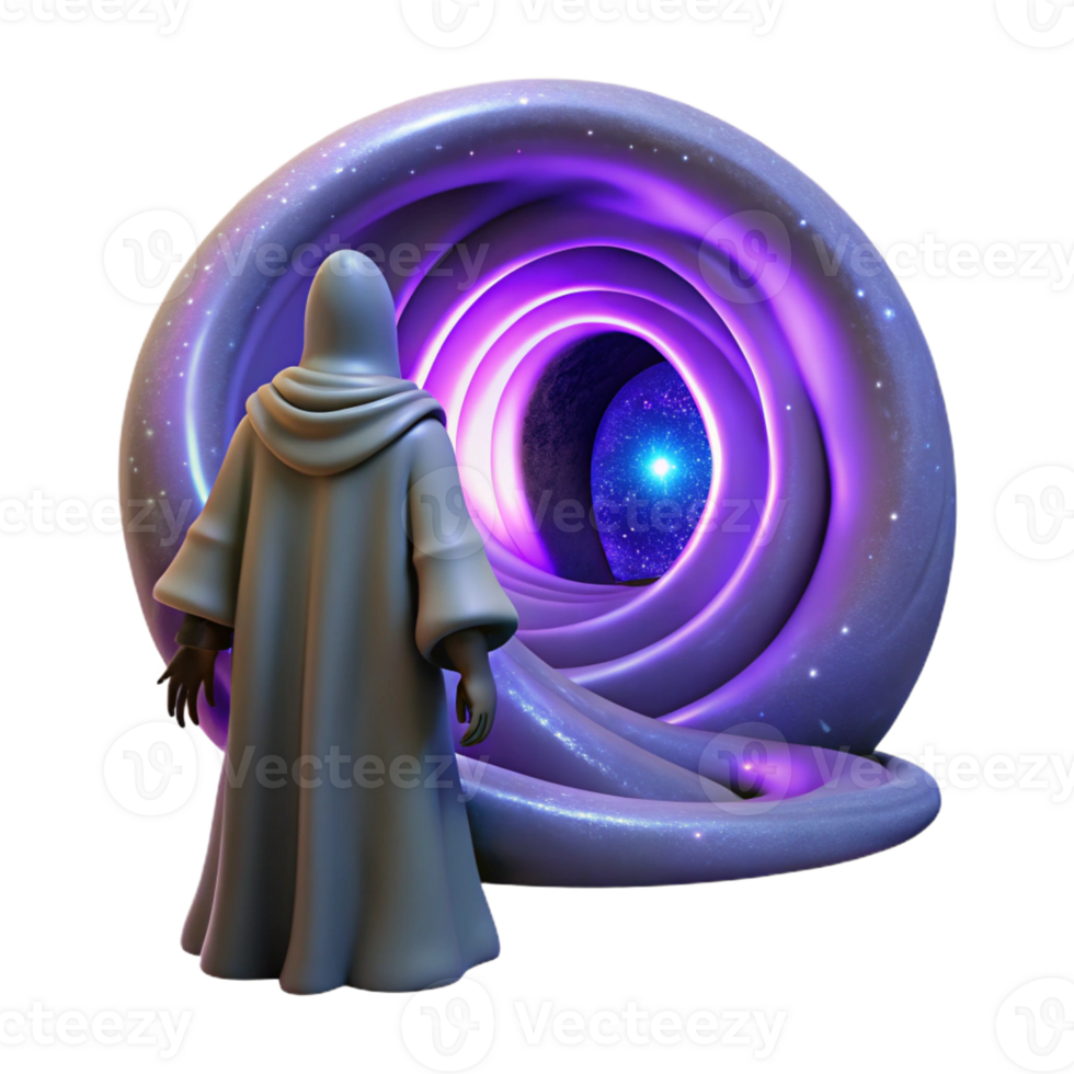 impressive rustic A mysterious, hooded figure standing before a portal to another dimension, swirling with cosmic energy. Ethereal, otherworldly lighting. Surrealism style high resolution png