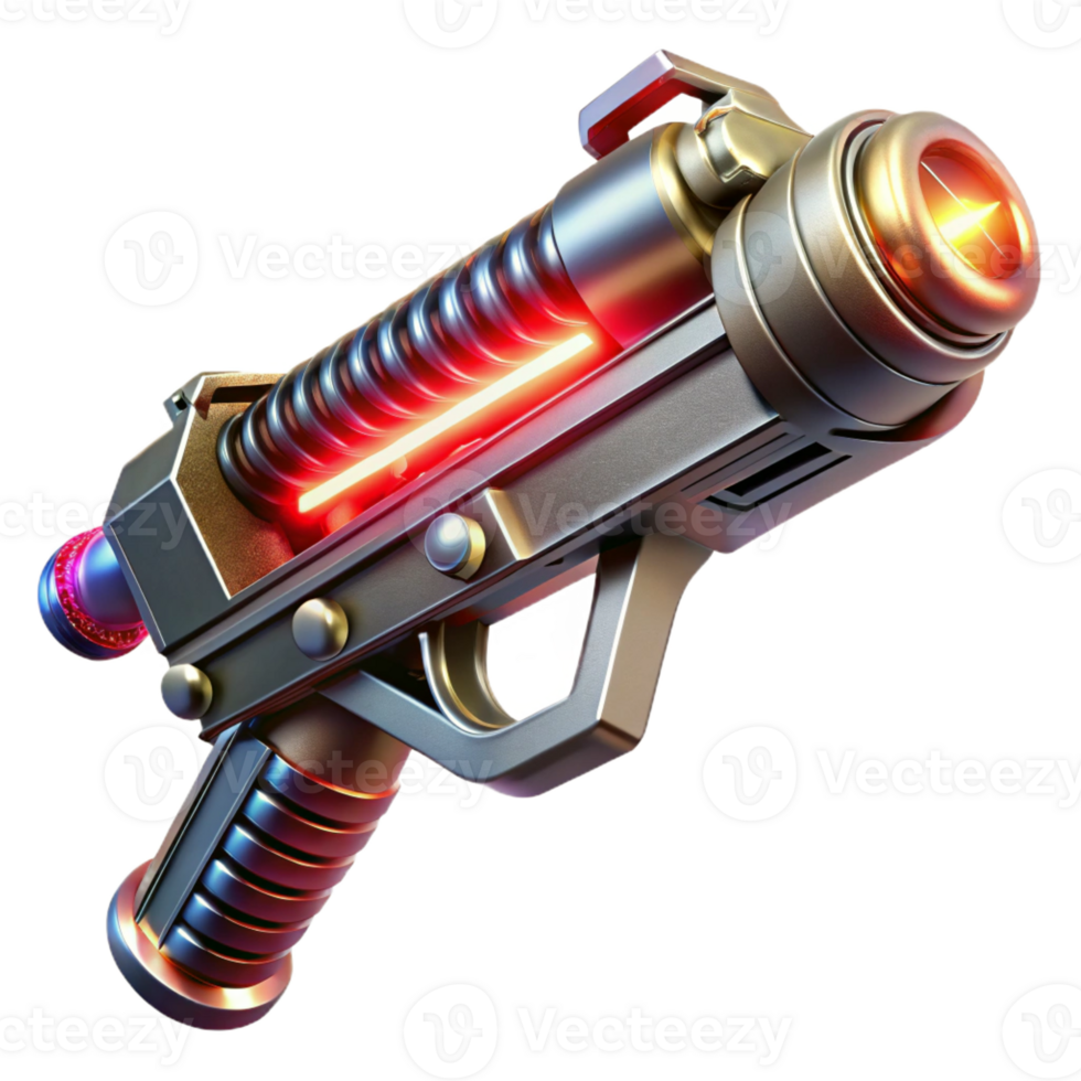 serene artistic A futuristic weapon, sleek and metallic with glowing energy coils and intricate engravings, levitating in mid-air, illuminated by a dramatic red light in a sci-fi style exclusive png
