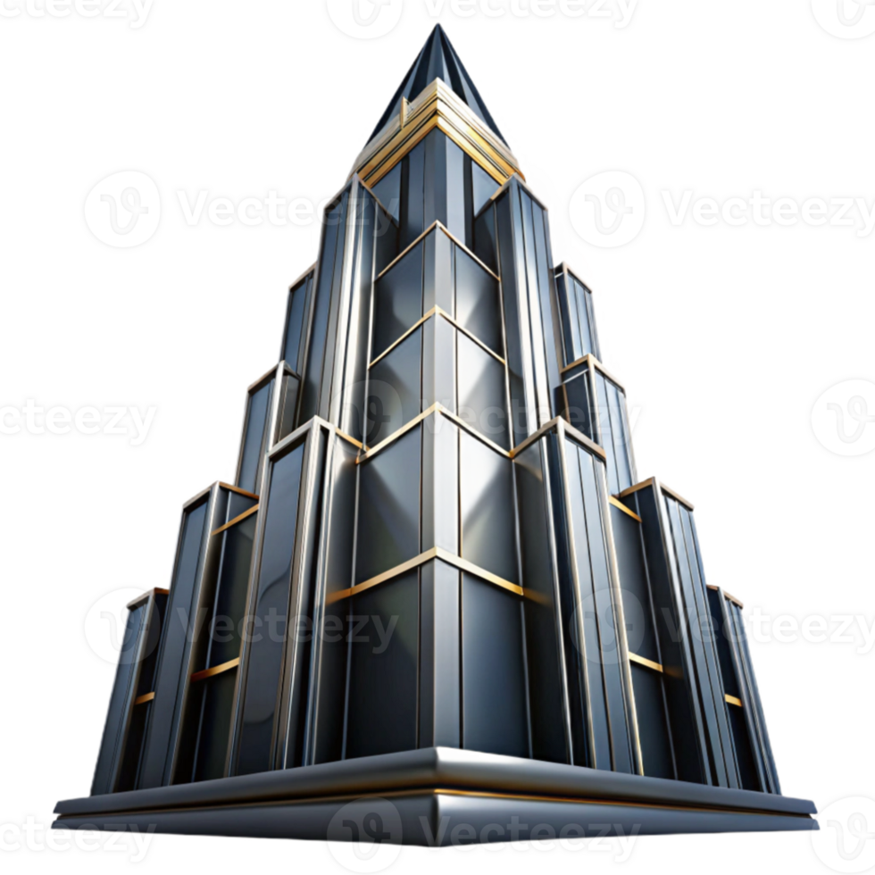 magnificent abstract Art Deco skyscraper, chrome and black glass, sharp geometric patterns, volumetric lighting, high contrast, cinematic angle exclusive png