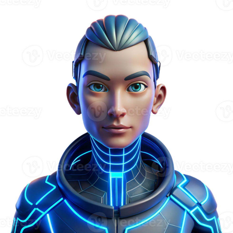 serene abstract Portrait of a cyborg with glowing blue circuitry embedded in their skin, lit by a pulsating neon grid, in a futuristic style professional png