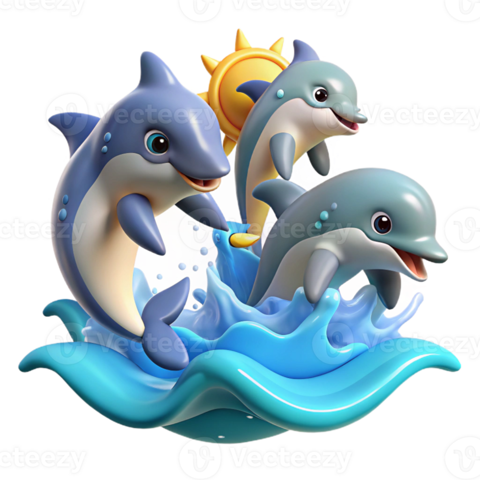 wonderful modern A group of playful dolphins leaping and spinning through the ocean waves, under a bright, sunny sky, in a joyful, cartoon style authentic png