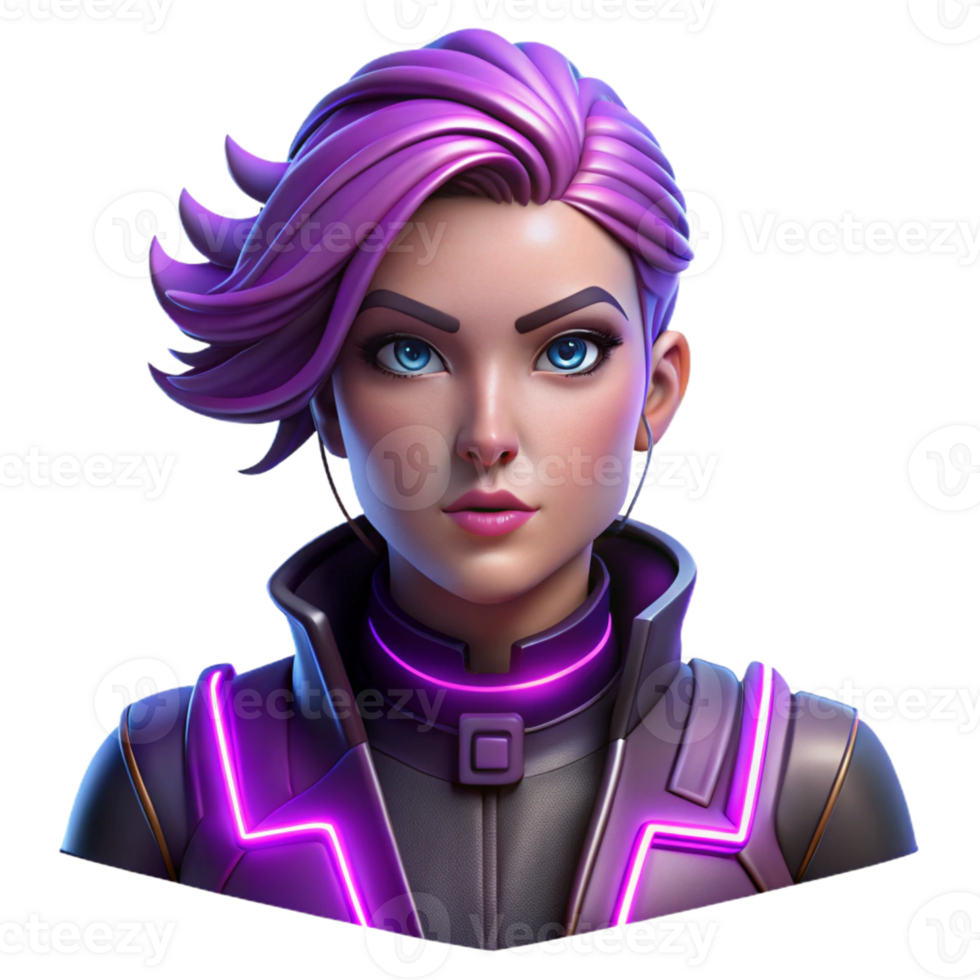 vibrant creative Portrait of a cyberpunk woman with vibrant purple hair, glowing cybernetic implants, and a defiant expression, lit by neon signs, in a digital art style detailed png