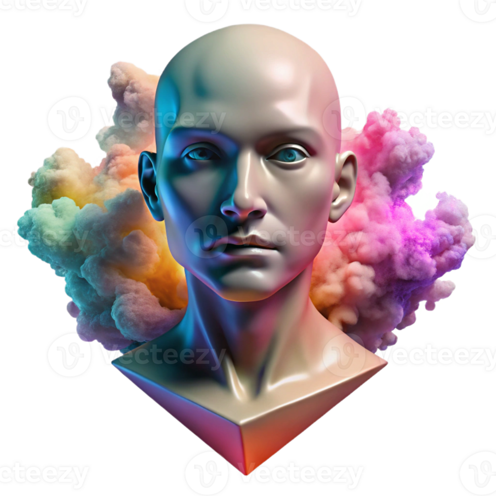 impressive artistic A portrait of a human face dissolving into colorful smoke and geometric patterns, in a cubist style, genuine png