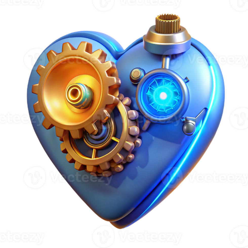 magnificent modern An intricate clockwork heart powered by glowing blue gears, emitting steam-punk style sparks, under warm lamplight, in a steampunk art style 4K png