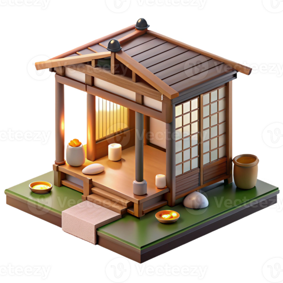 stunning contemporary Japanese tea house, traditional tatami mats, shoji screens, soft natural light, minimalist aesthetic, zen garden view 4K png