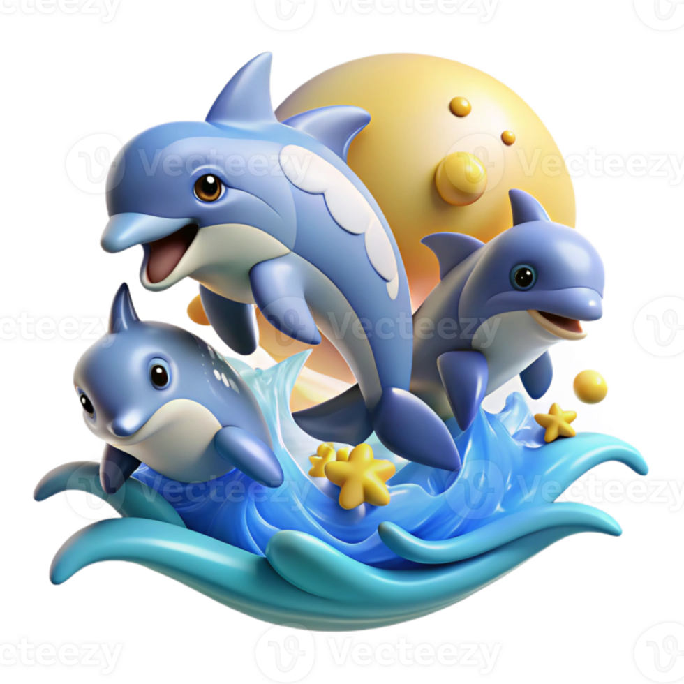 magnificent rustic A group of playful dolphins leaping and spinning through the ocean waves, under a bright, sunny sky, in a joyful, cartoon style professional png